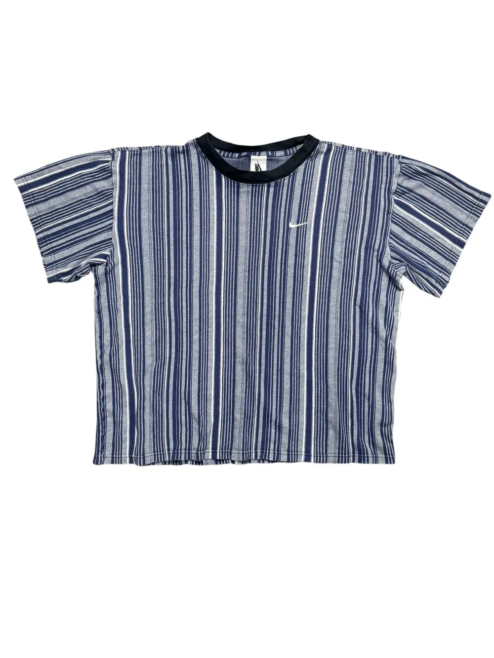 Nike Striped Tee Blue White Embroidered Swoosh Cotton T-Shirt Size Large